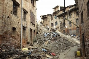 Once a busy village: a Khokana street blocked by rubble