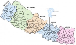 The 75 districts (with colour-indication of Nepal's five regions) hitherto the intermediary level between Kathmandu and village/town level